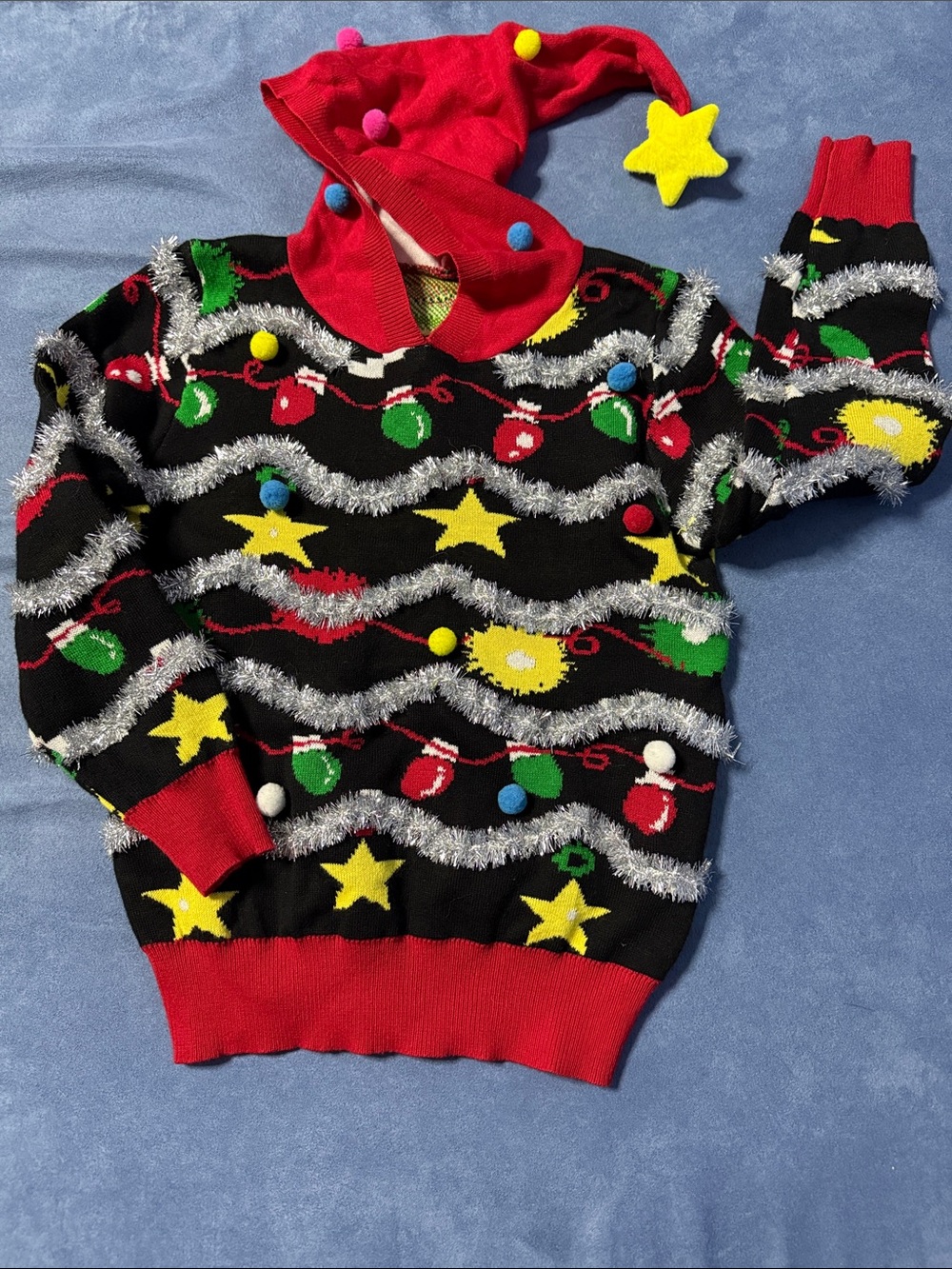 Crazy Christmas Hoodie Sweater with Pom-Poms & Tinsel